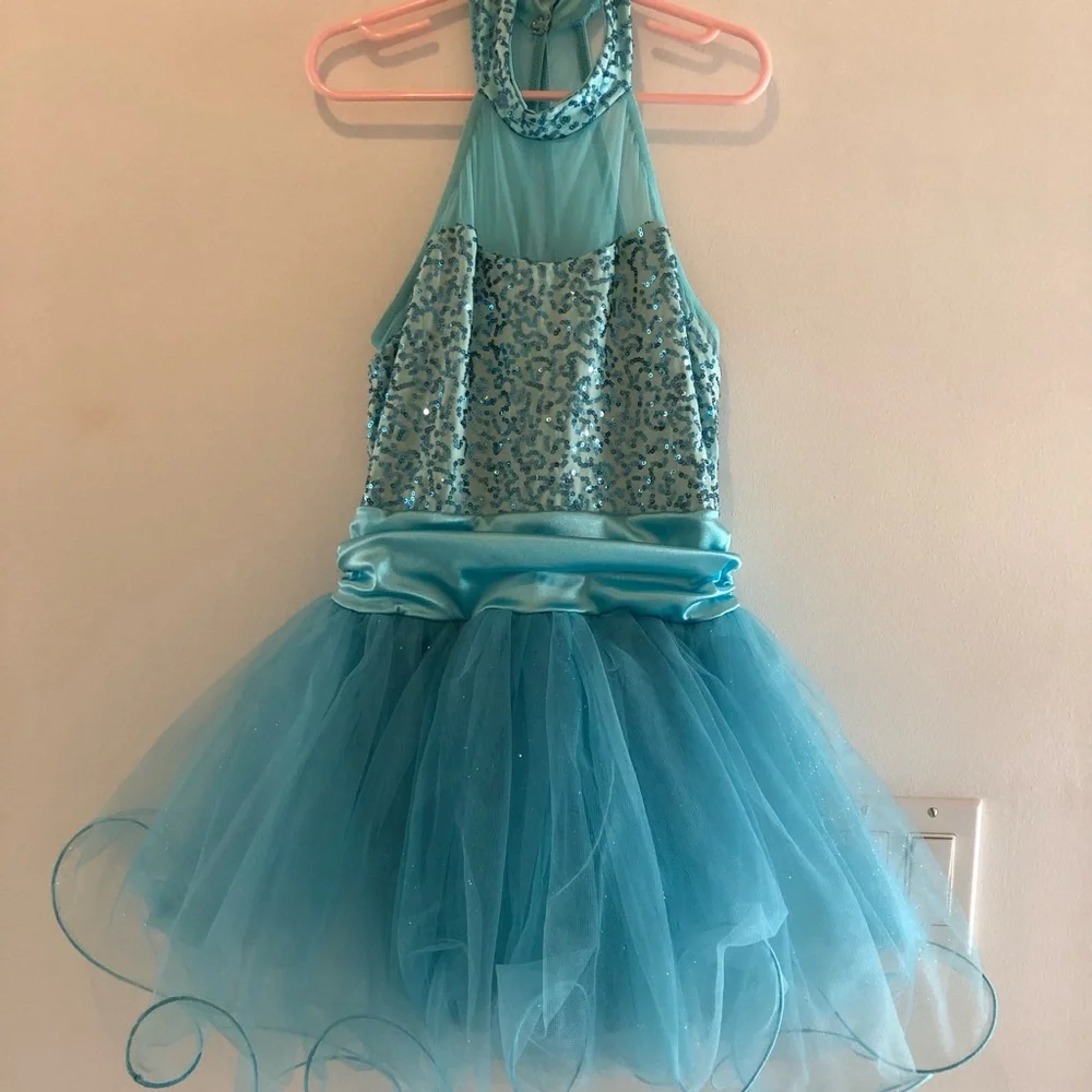 Dance Halloween Costume High Neck Sequins Tulle Ruffle Skirt Girls Size Large